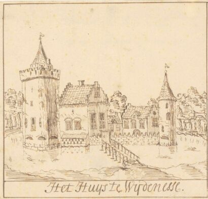 Het verdwenen kasteel Wijdenes op een (fantasie) tekening van G. Schoemaker uit 1726
